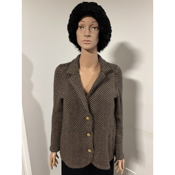 BlOOMINGDALES Brown Black Herringbone 2-Ply Cashmere 3 Gold Buttons Jacket MED - Picture 1 of 5